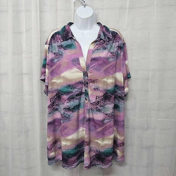 Alfani Purple Blue Abstract Polo Blouse Casual Retro Boho 3X - Picture 11 of 11